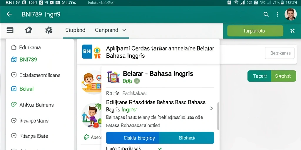 Tampilan antarmuka pengguna aplikasi BNI789 untuk belajar Bahasa Inggris.
