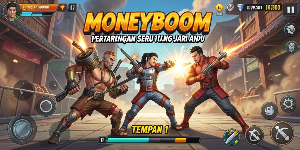 Antarmuka pertarungan seru dalam MONEYBOOM, gameplay Tempur 1 Lawan 1.