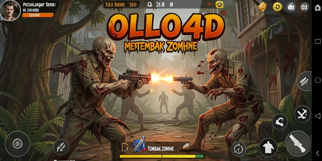 Screenshot utama OLLO4D menampilkan aksi seru menembak zombie.