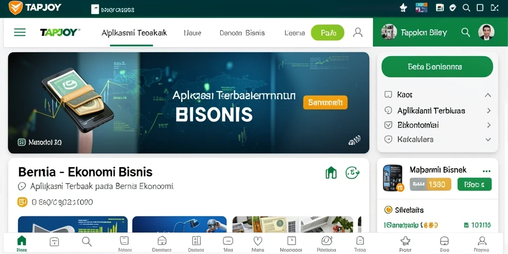 Tampilan antarmuka aplikasi TAPJOY dengan berita Ekonomi Bisnis yang informatif.